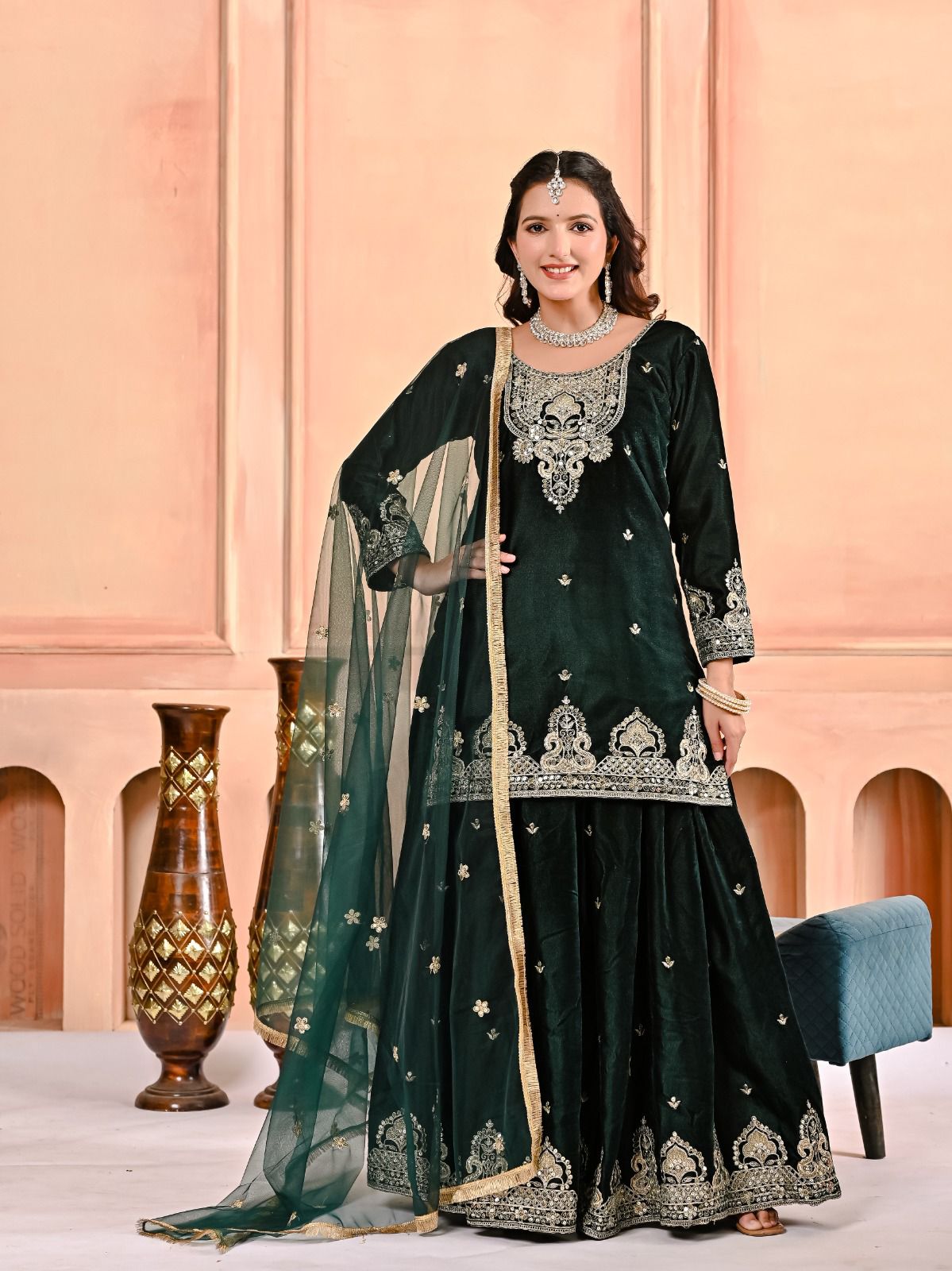 Velvet Ready to wear Green kurta sharara set for winter wedding and Function