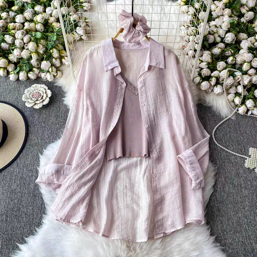 Hilarie Summer Three Piece Set  Top + Shirt + Scrunchies