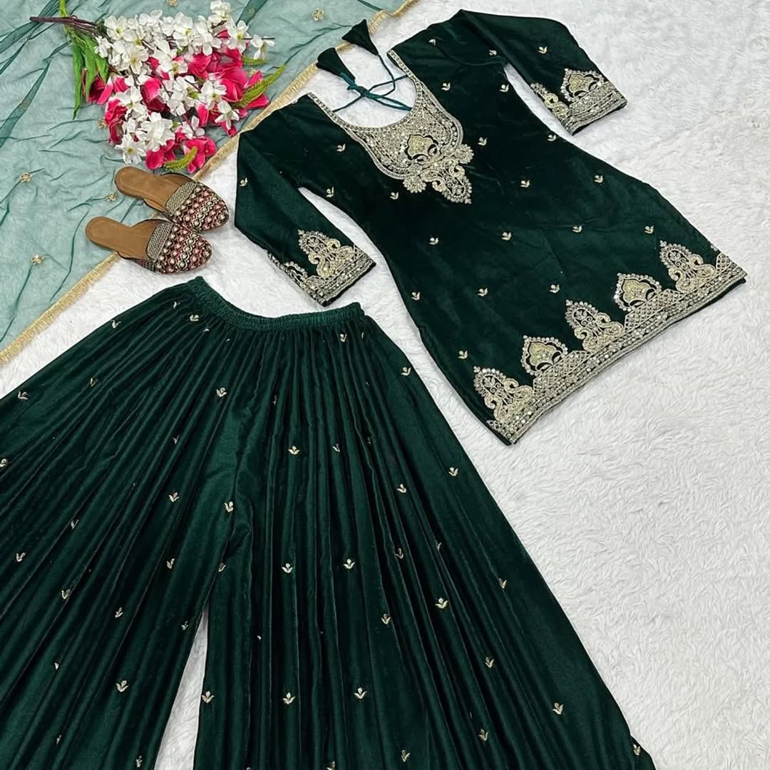 Velvet Ready to wear Green kurta sharara set for winter wedding and Function