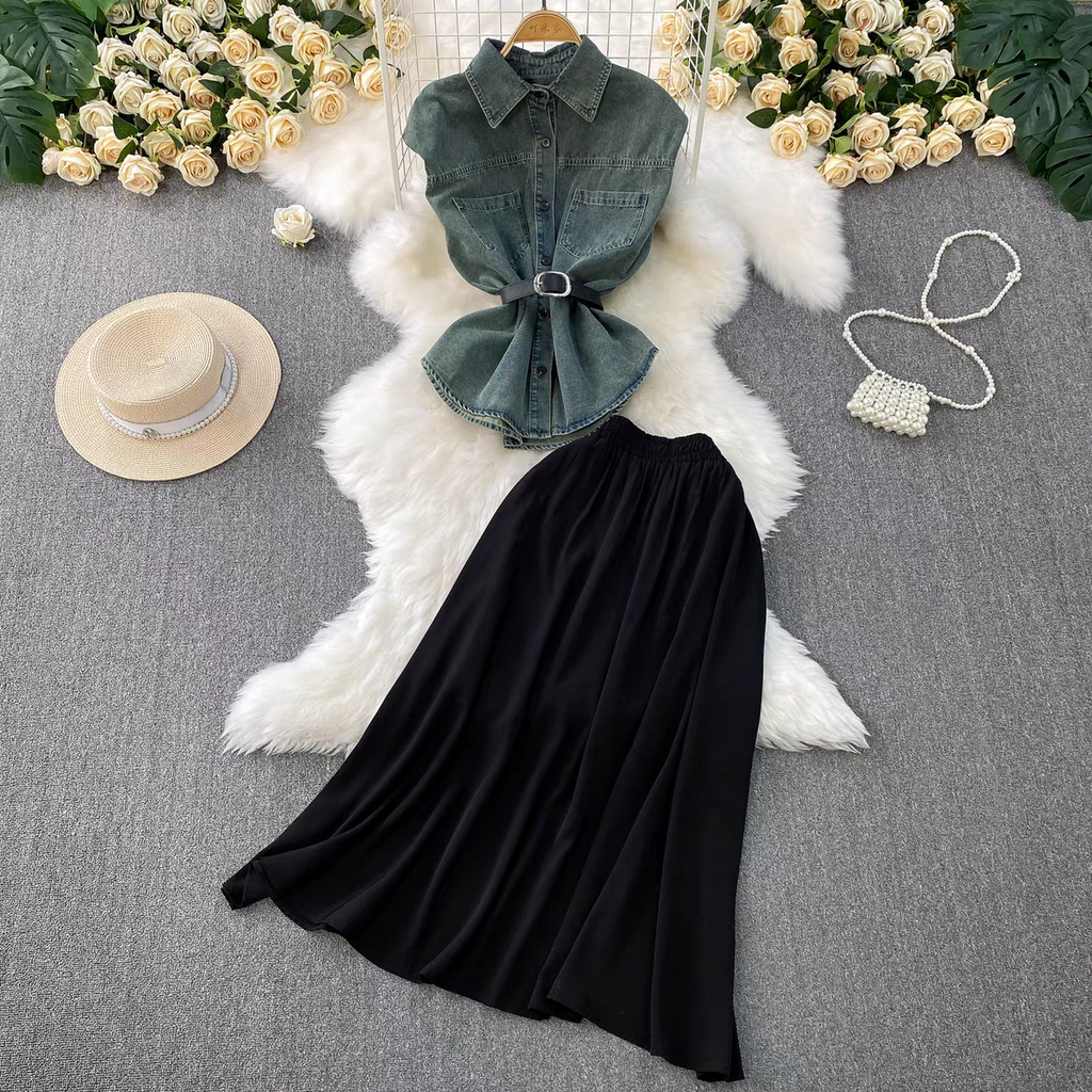 Cherry Summer Denim Two Piece Set