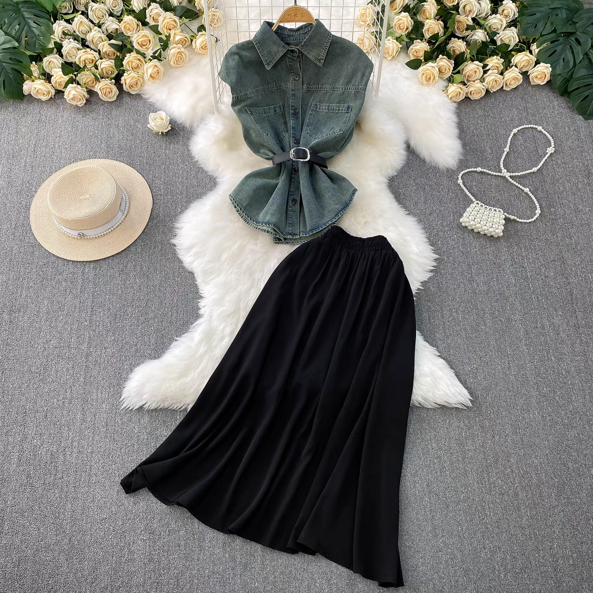 Cherry Summer Denim Two Piece Set