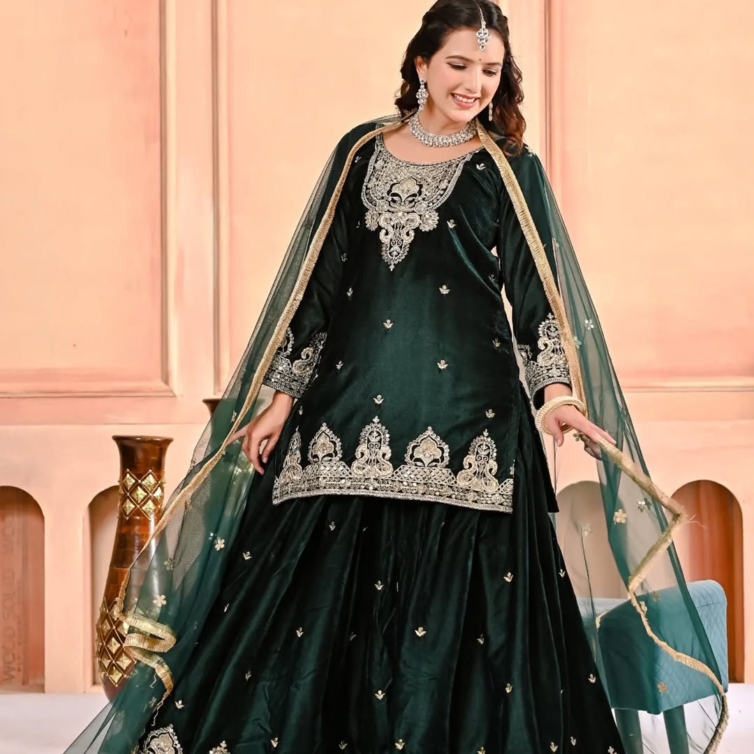 Velvet Ready to wear Green kurta sharara set for winter wedding and Function