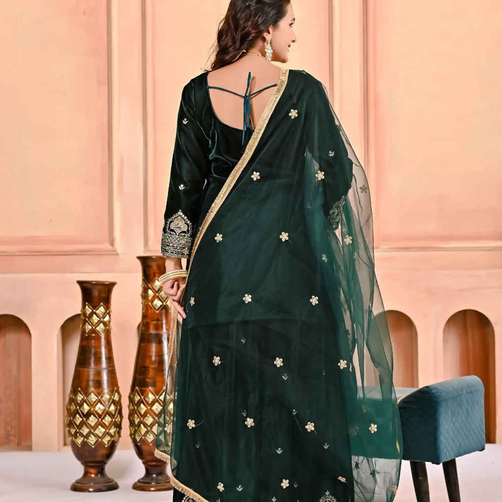 Velvet Ready to wear Green kurta sharara set for winter wedding and Function