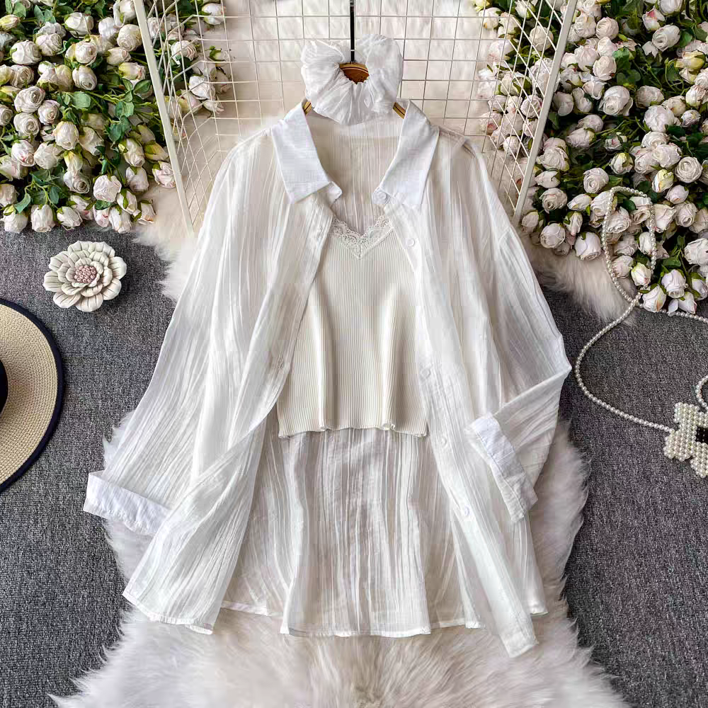 Hilarie Summer Three Piece Set  Top + Shirt + Scrunchies