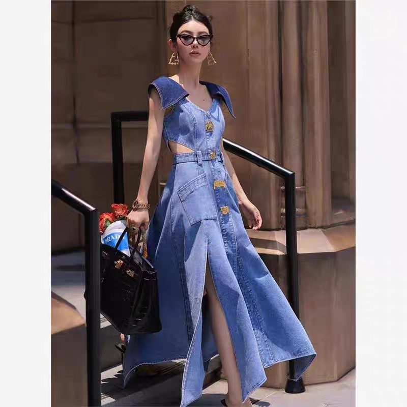 Emma Denim High Slit Dress