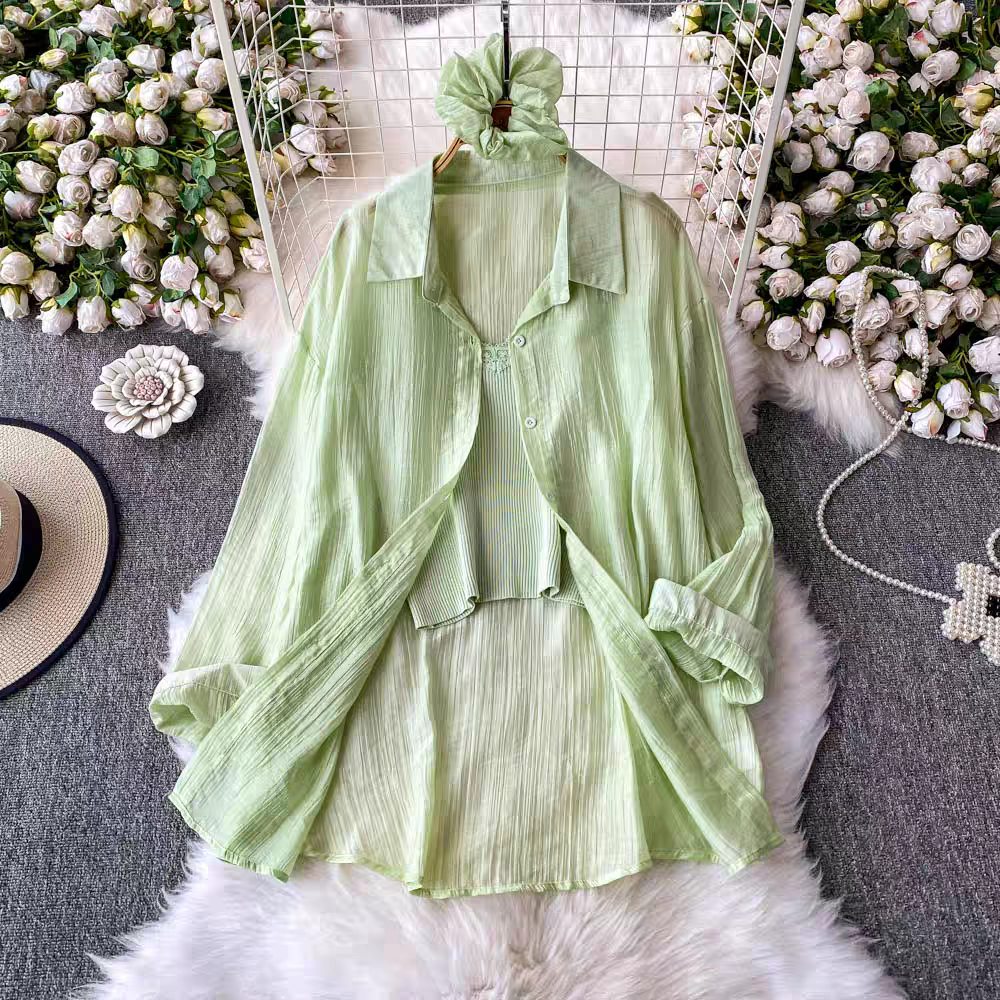 Hilarie Summer Three Piece Set  Top + Shirt + Scrunchies