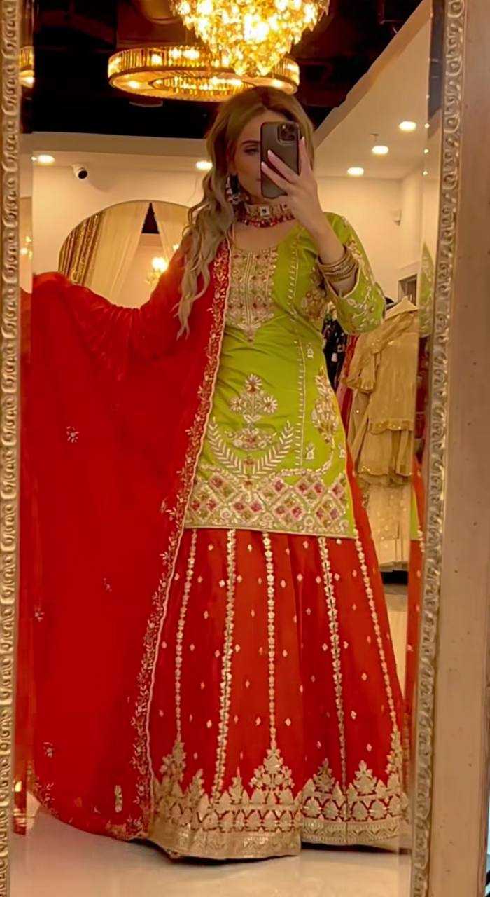 Orange & Green Full stitched kurta with flared sharara set for haldi and mehndi function and festivals