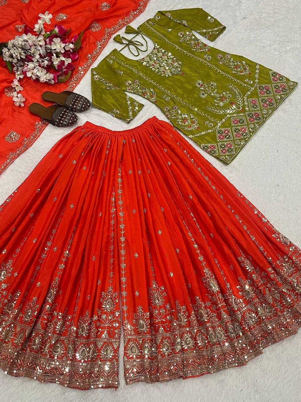Orange & Green Full stitched kurta with flared sharara set for haldi and mehndi function and festivals