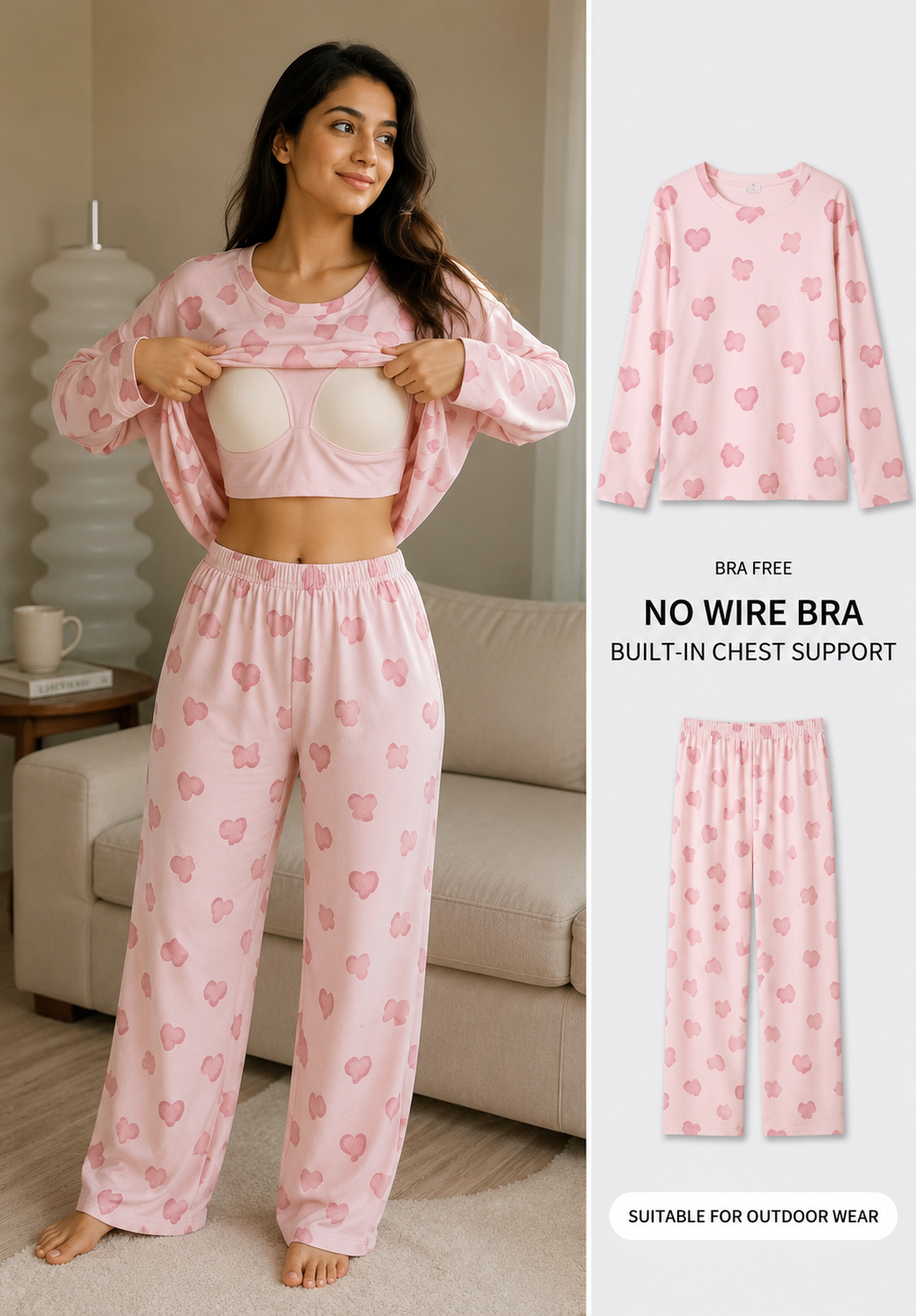 Built-in Bra Padded Nightwear for Women - Cotton Pajama Set