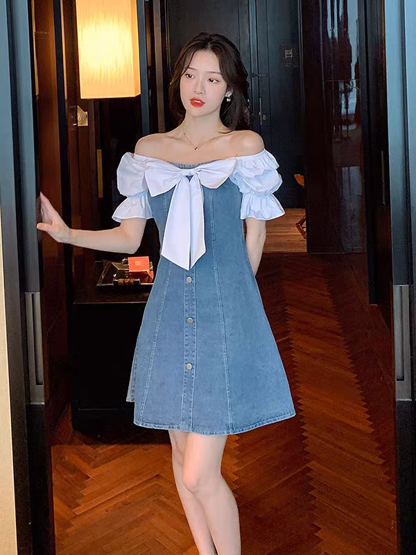 Fashion Dress Denim New 2024 Korean Version - Spring, Summer, Autumn Medium Length Bow Puff Sleeve Temperament Cover Belly Dress 24th Spoke Fashion Dress Denim New 2024 Korean Version - Spring, Summer, Autumn Medium Length Bow Puff Sleeve Temperament Cover Belly Dress 24th Spoke