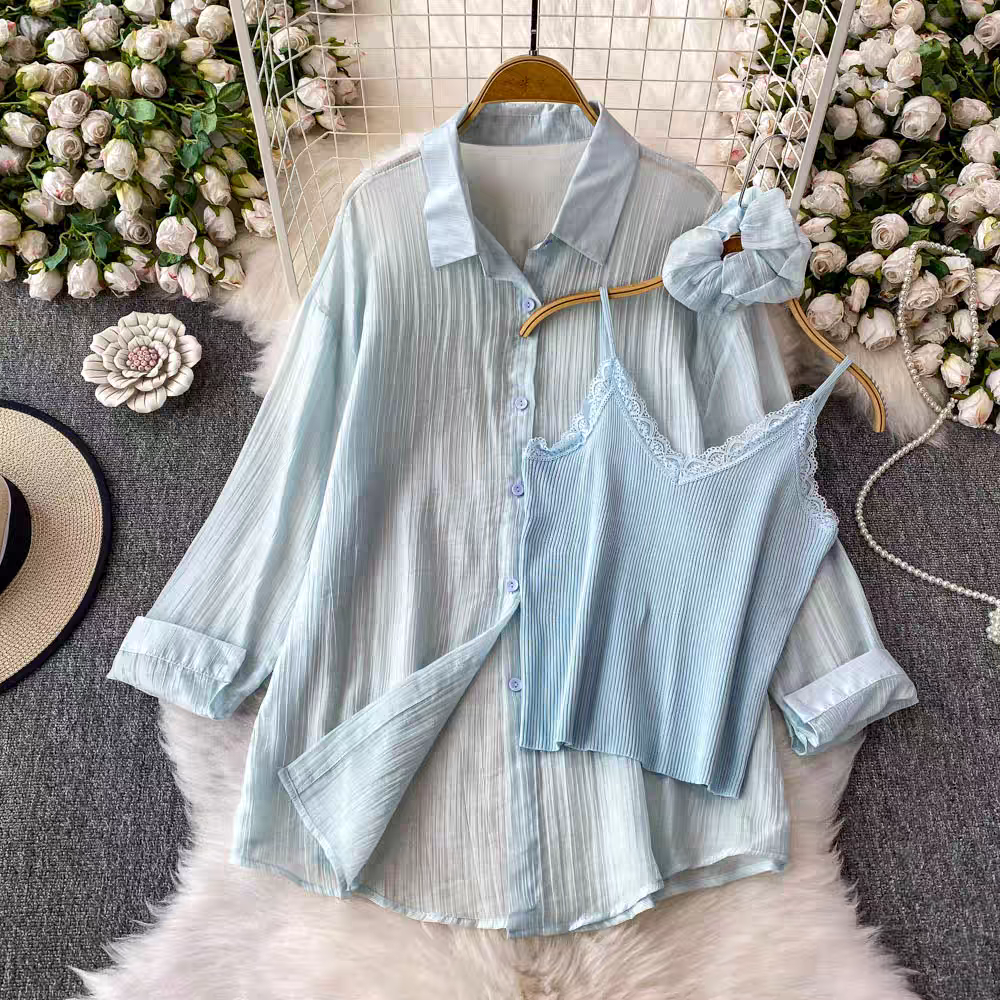 Hilarie Summer Three Piece Set  Top + Shirt + Scrunchies