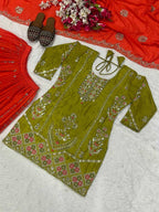 Orange & Green Full stitched kurta with flared sharara set for haldi and mehndi function and festivals