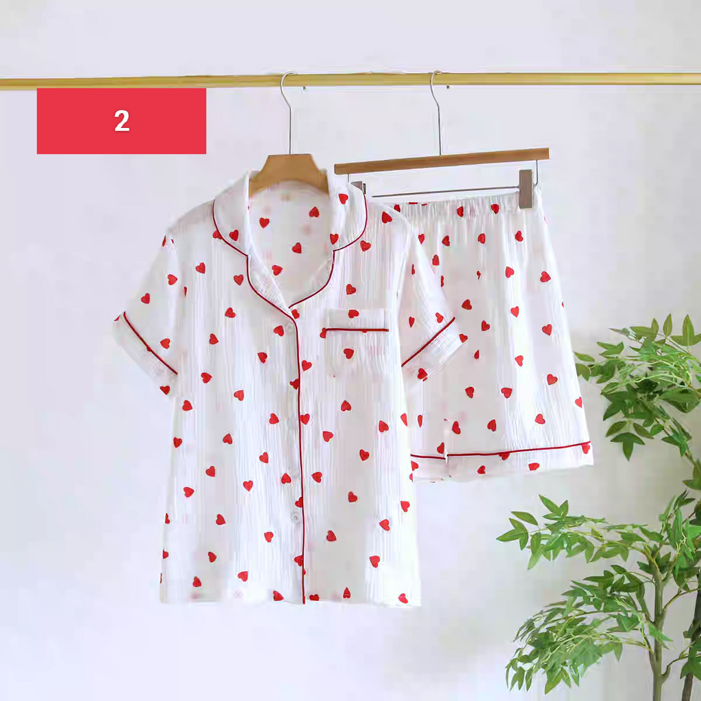 Summer Pure Cotton Heart Shaped Night  Pajamas Set