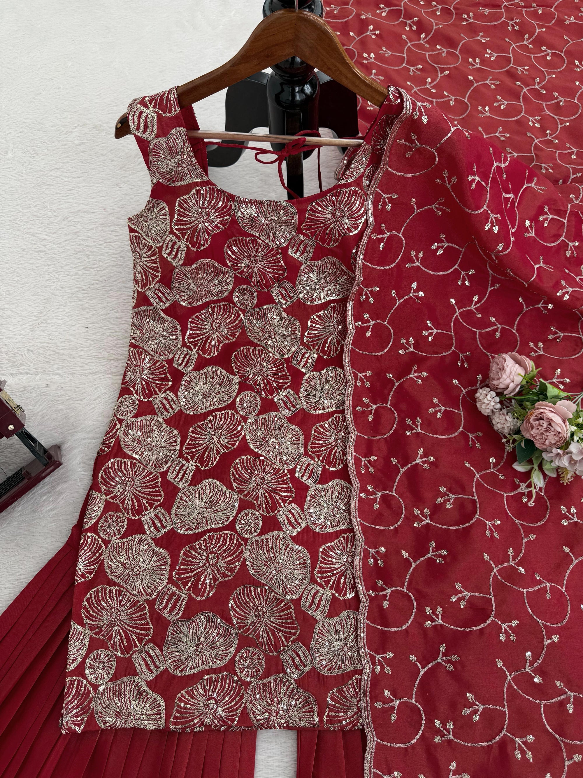 Beautiful Brick Red Rust Colour Readymade sharara set for Festive and Wedding