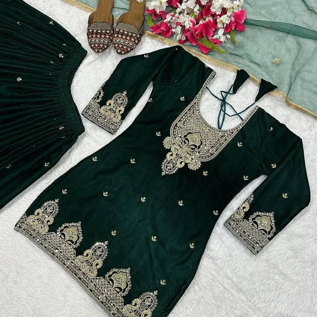 Velvet Ready to wear Green kurta sharara set for winter wedding and Function