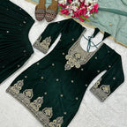 Velvet Ready to wear Green kurta sharara set for winter wedding and Function