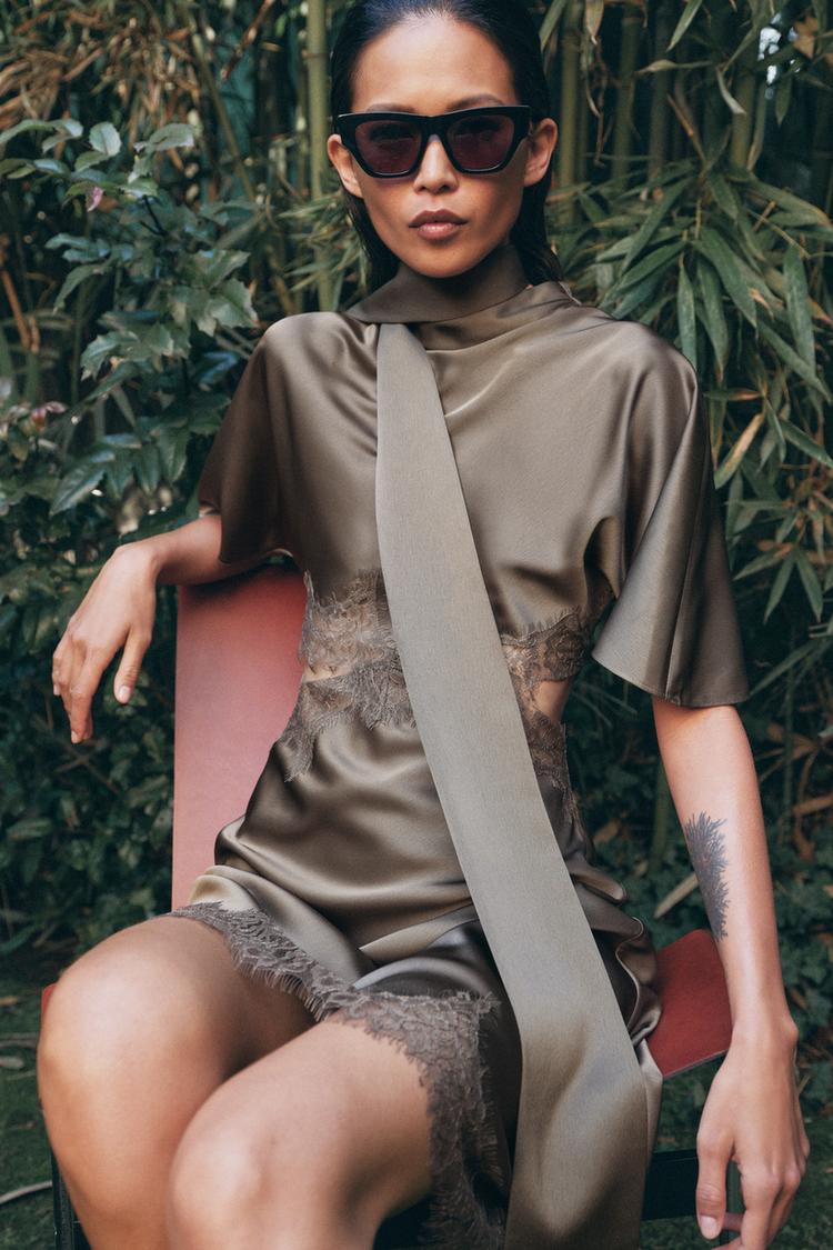 zara brown satin dress ZW COLLECTION SATIN LACE DRESS
