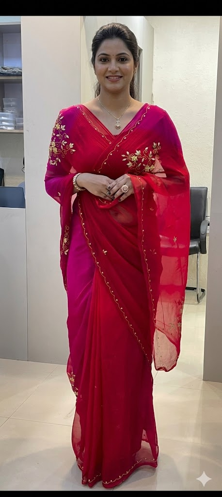 Colour blocked gota work embellished Chiffon Saree