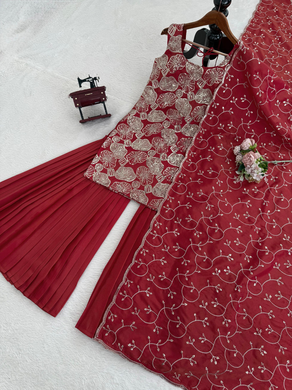 Beautiful Brick Red Rust Colour Readymade sharara set for Festive and Wedding