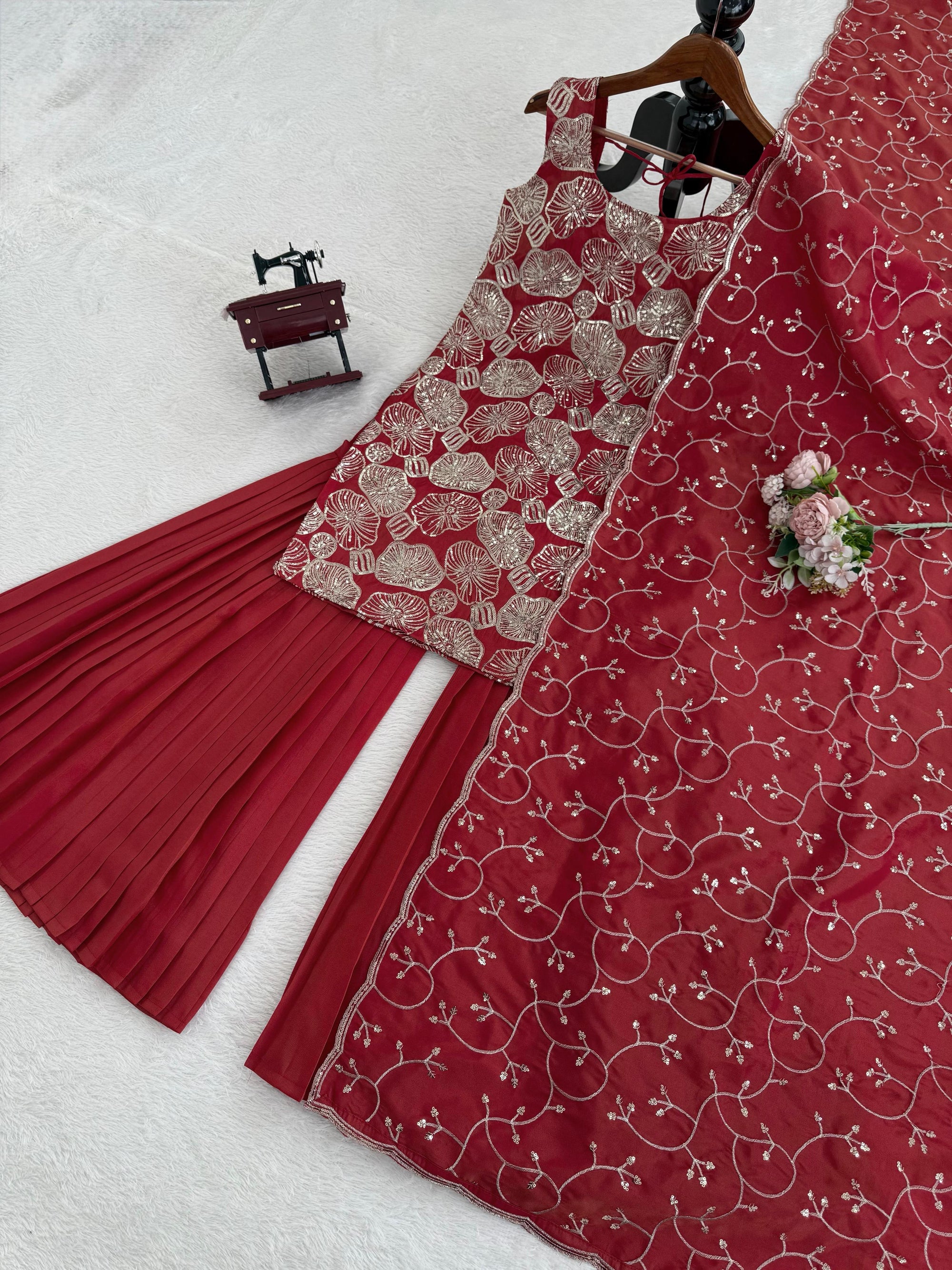Beautiful Brick Red Rust Colour Readymade sharara set for Festive and Wedding