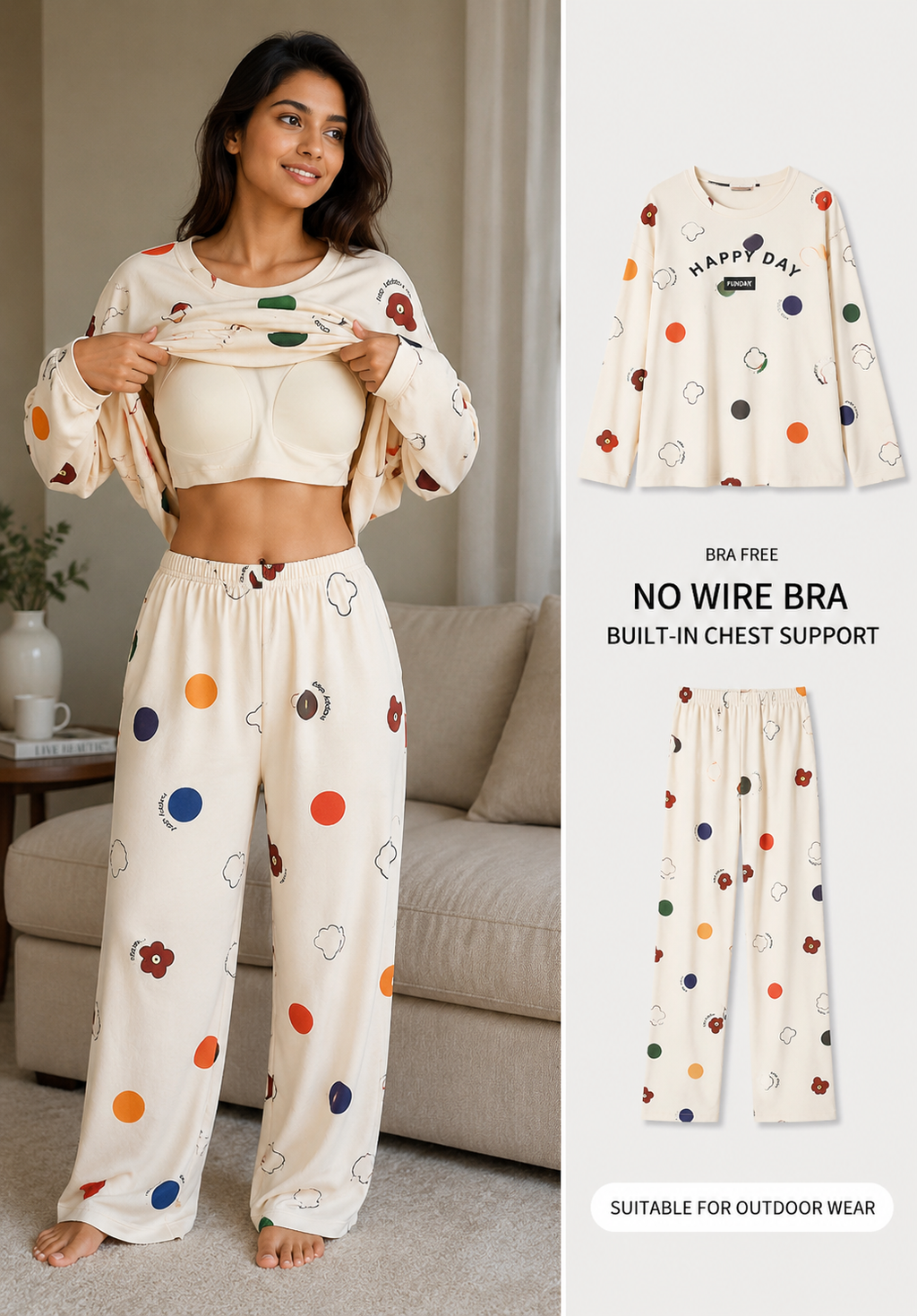 Built-in Bra Padded Nightwear for Women - Cotton Pajama Set