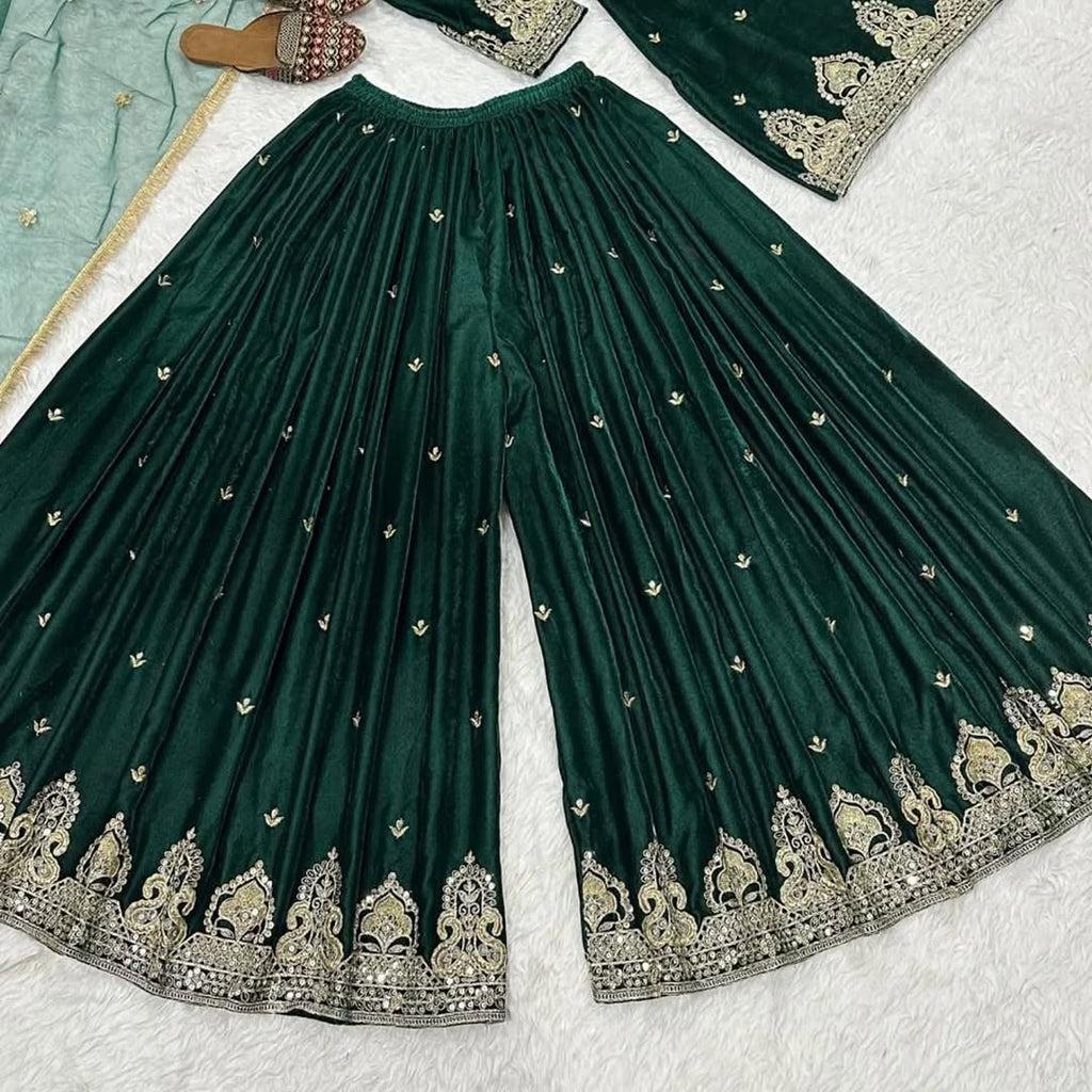 Velvet Ready to wear Green kurta sharara set for winter wedding and Function