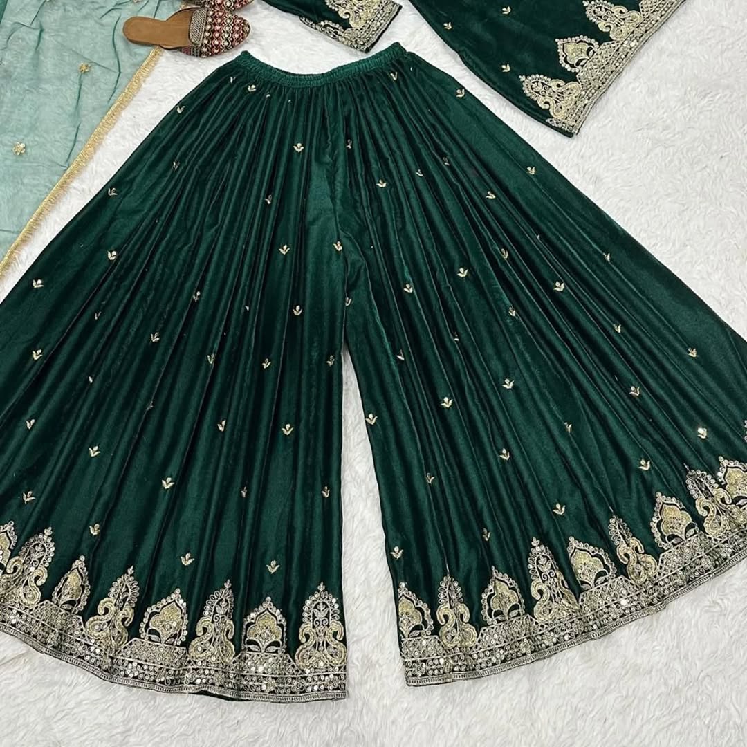 Velvet Ready to wear Green kurta sharara set for winter wedding and Function