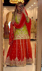 Orange & Green Full stitched kurta with flared sharara set for haldi and mehndi function and festivals