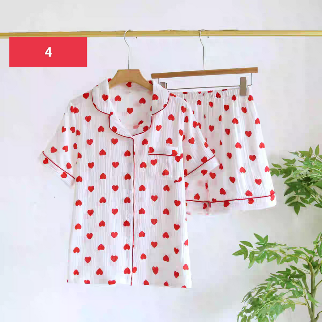 Summer Pure Cotton Heart Shaped Night  Pajamas Set
