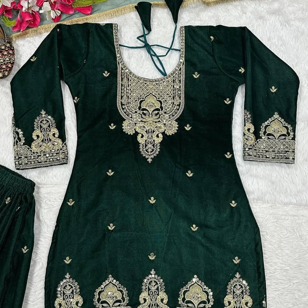 Velvet Ready to wear Green kurta sharara set for winter wedding and Function