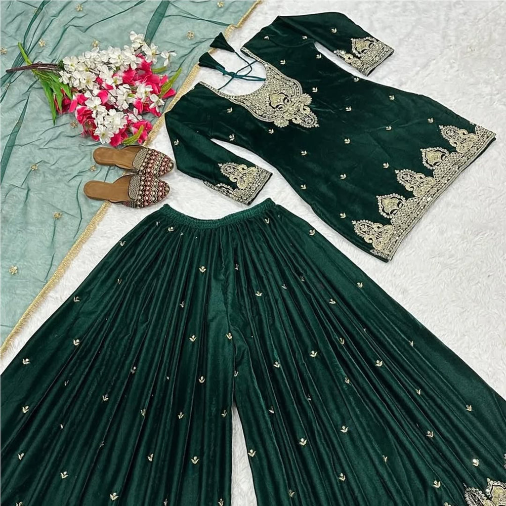 Velvet Ready to wear Green kurta sharara set for winter wedding and Function