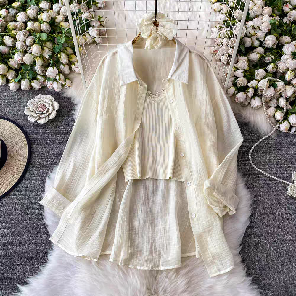 Hilarie Summer Three Piece Set  Top + Shirt + Scrunchies