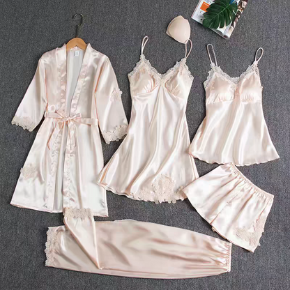 Victoria Summer Silk Pajamas 5 Piece loungewear ,Night suit Set