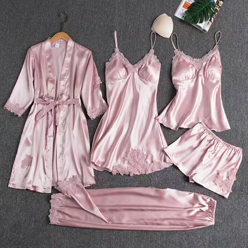 Victoria Summer Silk Pajamas 5 Piece loungewear Night suit Set