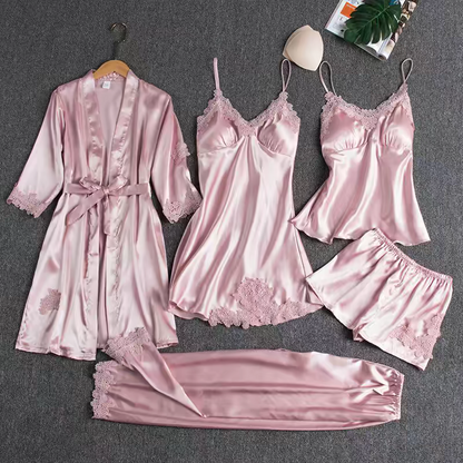 Victoria Summer Silk Pajamas 5 Piece loungewear ,Night suit Set