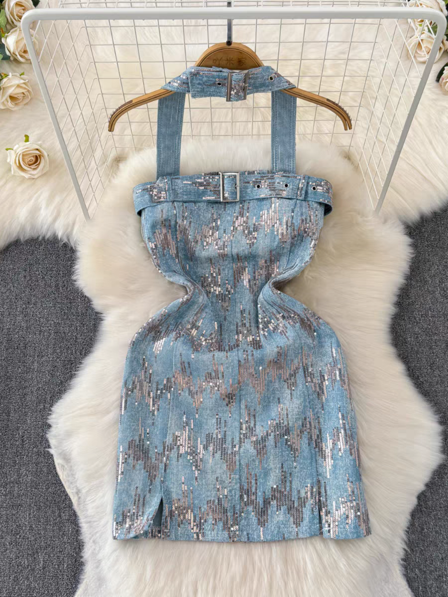 Elisabeth Summer Denim Party And Birthday Sequins Dress