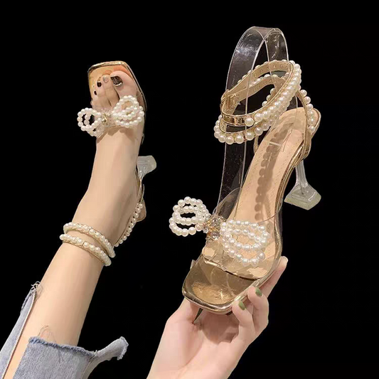 "2024 Summer Rhinestone Stiletto One-Strap Sandals – Bowknot Pearl Fairy Style