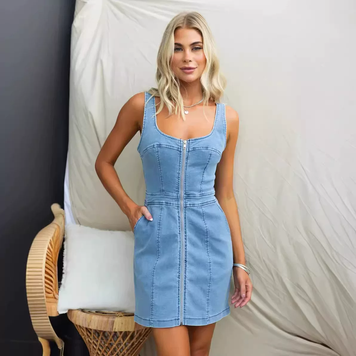 Olivia Casual Slim Fit Denim Sleeveless Dress for Women