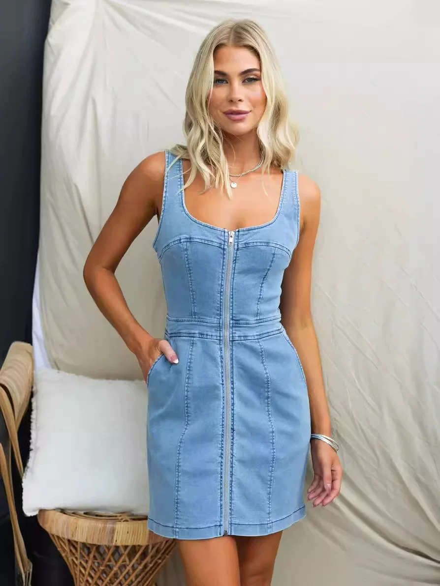 Olivia Casual Slim Fit Denim Sleeveless Dress for Women