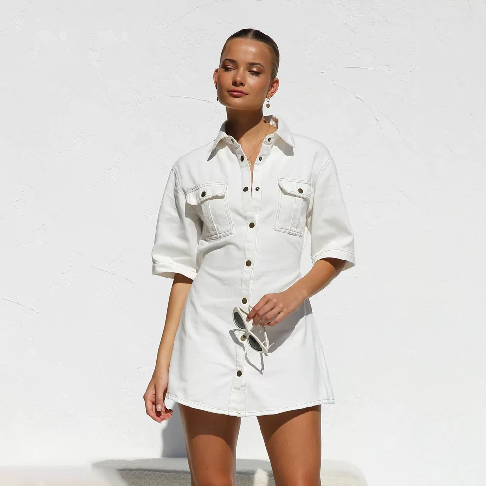 Diane Short Sleeve Pocket Waist Shirt Denim Dress