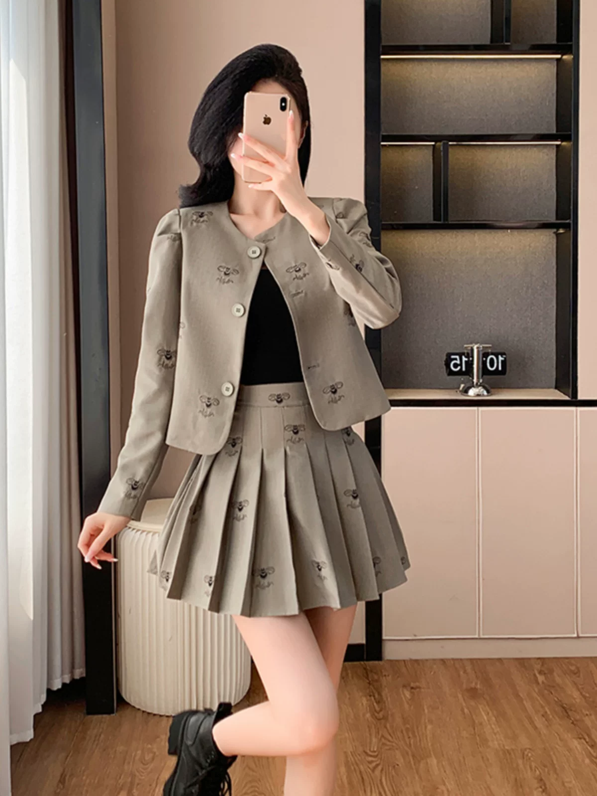 Pleated Skirt Two Piece Skirt Set With Jacket Vintage Style Plaid