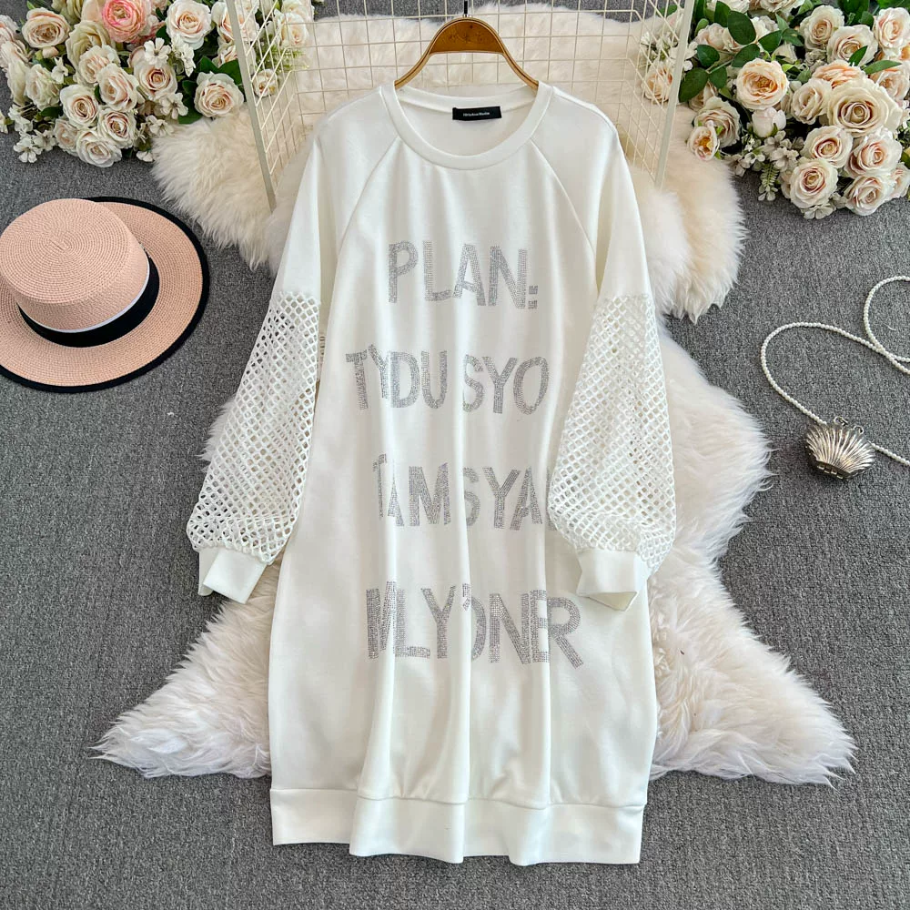 2024 Large Size Women's Korean Loose Hot Diamond Letter Hollow Sweater  Dress Autumn Winter Mid-Length