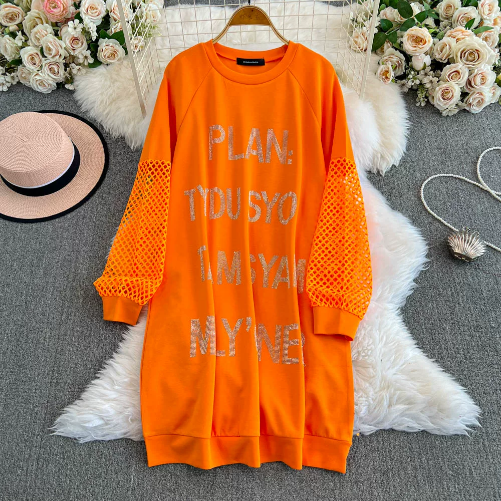 2024 Large Size Women's Korean Loose Hot Diamond Letter Hollow Sweater  Dress Autumn Winter Mid-Length