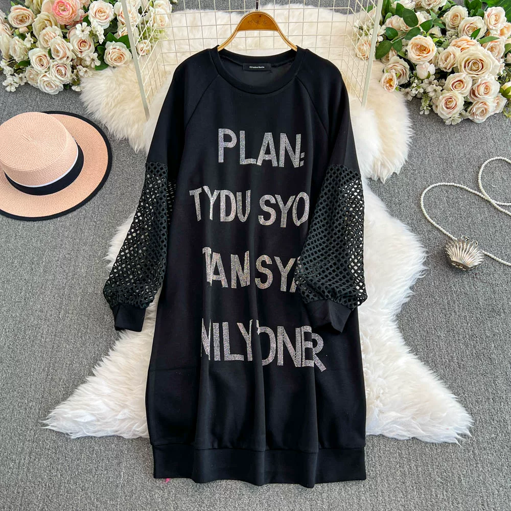 2024 Large Size Women's Korean Loose Hot Diamond Letter Hollow Sweater Dress - Autumn & Winter Mid-Length 24th Spoke 2024 Large Size Women's Korean Loose Hot Diamond Letter Hollow Sweater Dress - Autumn & Winter Mid-Length 24th Spoke