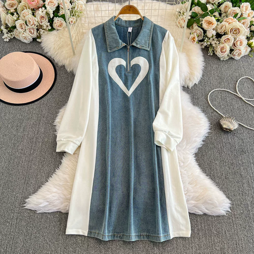 Korean Casual Fashion Long-Sleeved Patchwork Denim Dress for Women