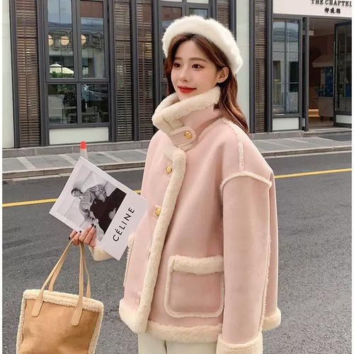 2024 Women's Pink Fur Lambskin Coat | Winter Thick Velvet Small