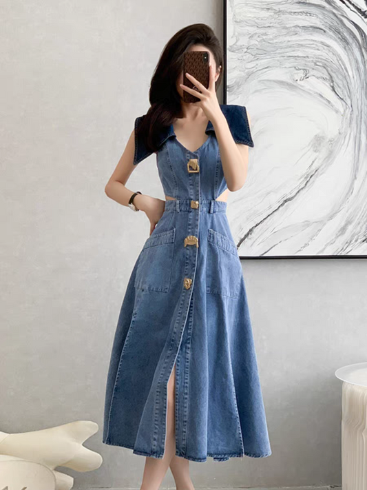 Emma Denim High Slit Dress