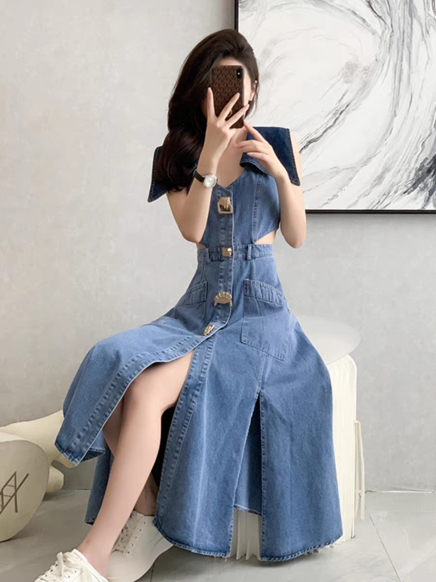 Emma Denim High Slit Dress