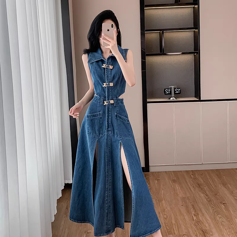 denim slit dress Chain & Slit Denim Dress