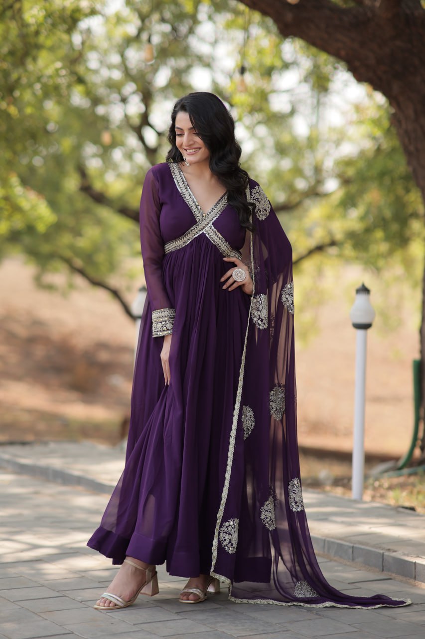 Designer Long Alia Cut Ethnic Readymade Gown with Dupatta